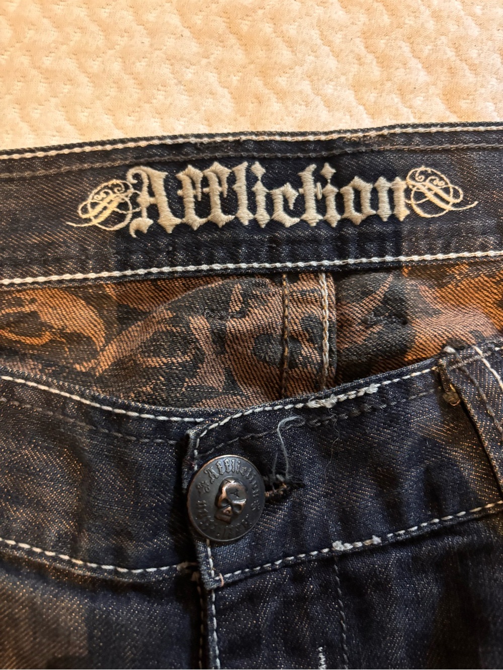 Affliction Dark Blue Slim Jeans with Embroidered Waistband 40w